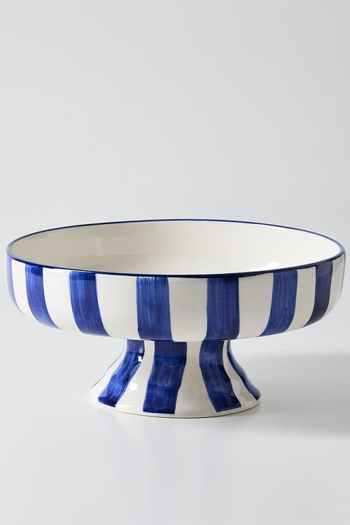 Serving Bowl Short w stand - blue stripes