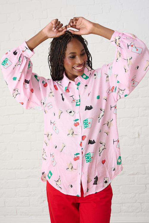 Bellow Sleeve Shirt in Players Print - Light Pink