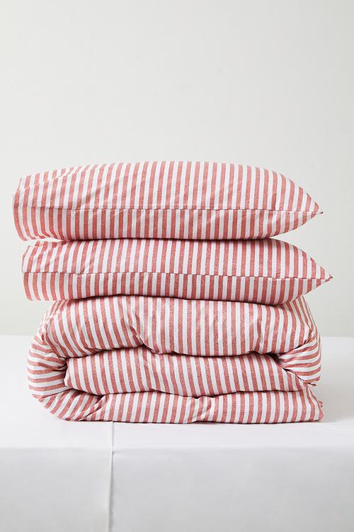 Clement Stripe Cotton Blend Duvet Cover - Rust & White 