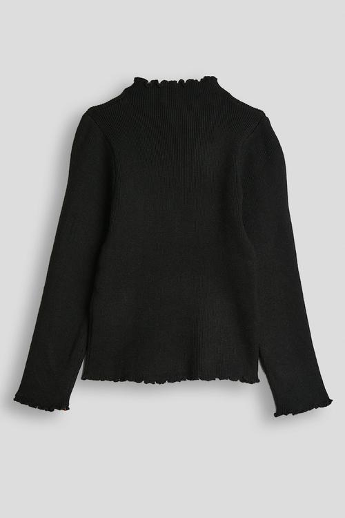 Ribbed lettuce hem long sleeved top - black