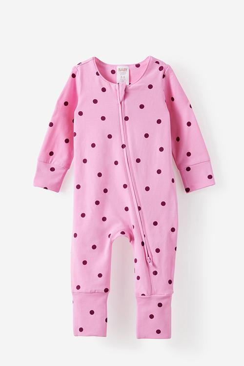 The Long Sleeve Zip Romper - Strawberry Milk/Polka Dot