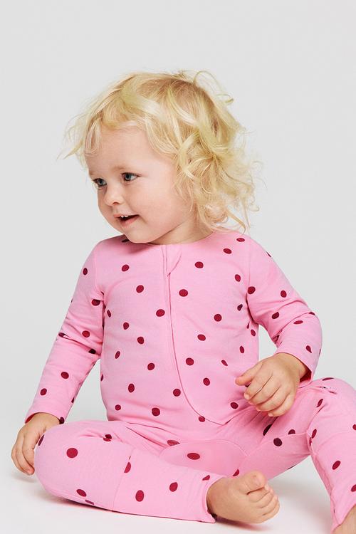 The Long Sleeve Zip Romper - Strawberry Milk/Polka Dot