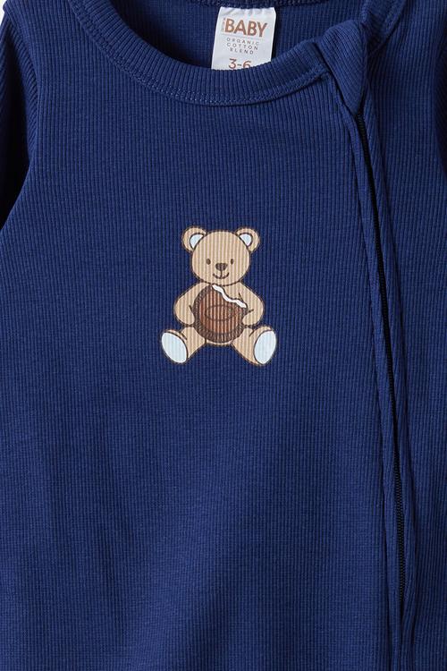The Long Sleeve Zip Romper - Denim Navy/Sweetie Bear