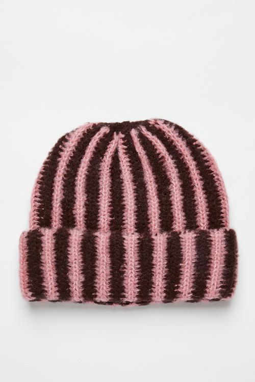 Celestine Stripe Fluffy Turn Up Beanie - brown & pink