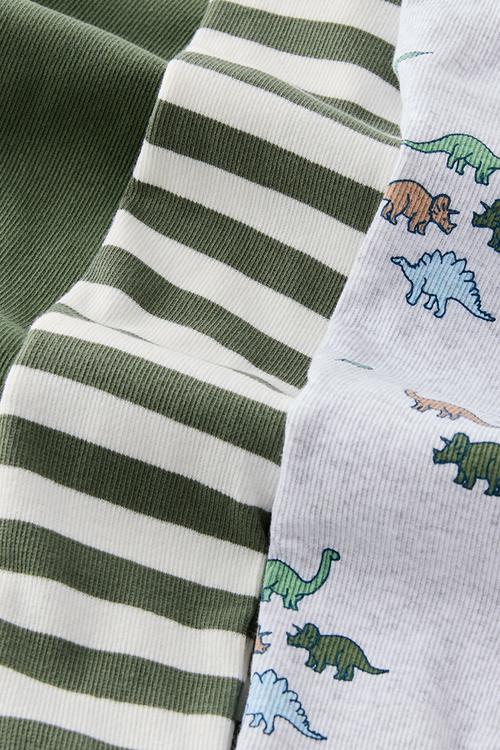 The Long Sleeve Rib Romper 3 Pack - Khaki Green/Ditsy Dinos