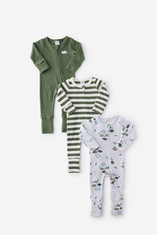 The Long Sleeve Rib Romper 3 Pack - Khaki Green/Ditsy Dinos