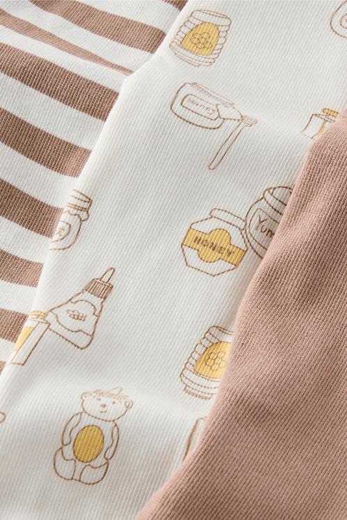 The Long Sleeve Rib Romper 3 Pack - Oatmilk/Honey Bear