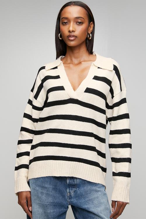 V-neck Stripe Jumper With Collar - Oatmeal/Black Stripe