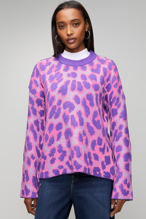 Crew Neck Animal Jacquard Jumper - Pink/Lilac