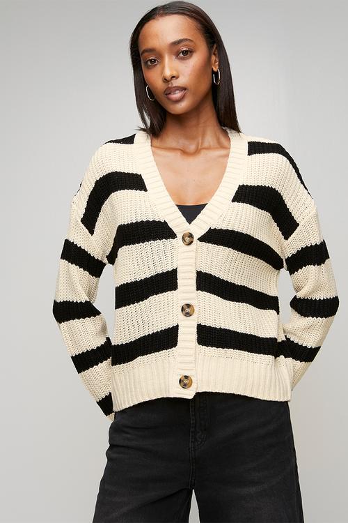 Fisherman Rib Knit Stripe Cardi With V-Neck - Oatmeal/Black