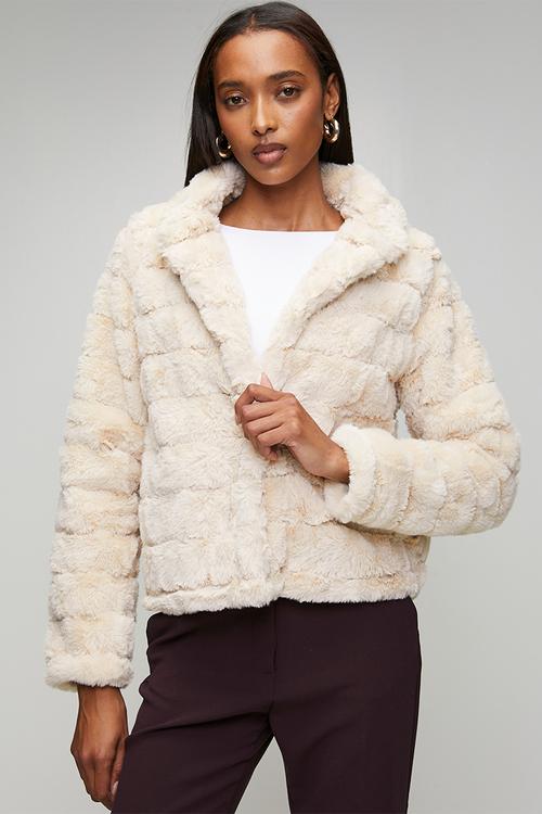 Long Sleeve Faux Fur One Button Jacket - Beige