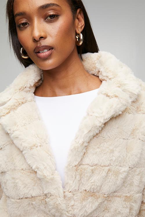 Long Sleeve Faux Fur One Button Jacket - Beige