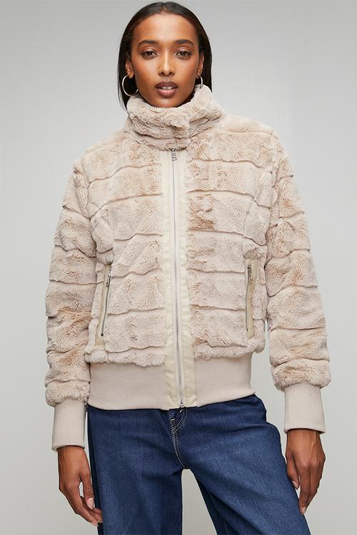 Long Sleeve Faux Fur Zip Through Jacket - Beige