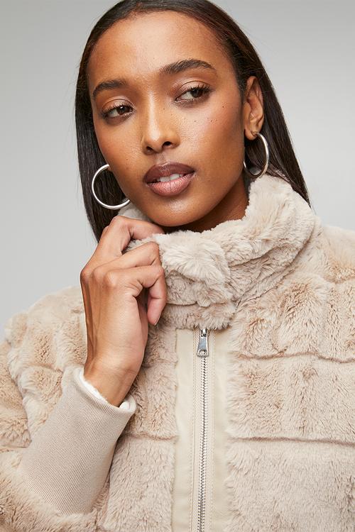 Long Sleeve Faux Fur Zip Through Jacket - Beige