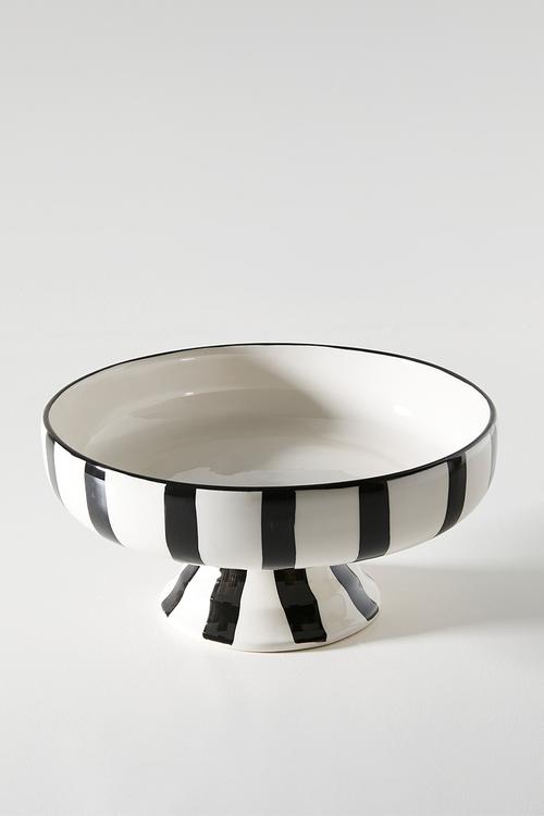 Serving bowl short w stand - black stripes