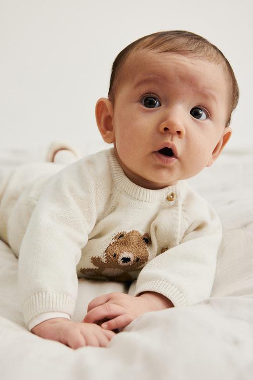 2-piece cotton-knit set - white/teddy bear
