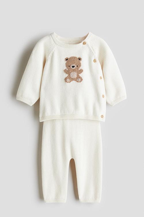 2-piece cotton-knit set - white/teddy bear