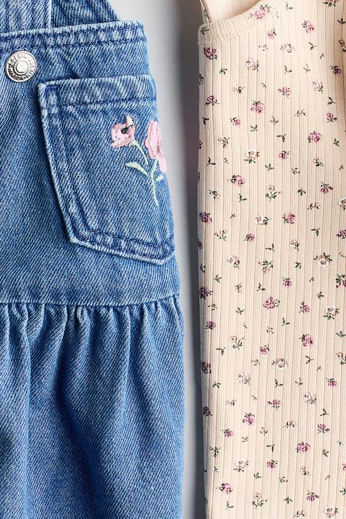 2-Piece dungaree dress and top set - denim blue/floral