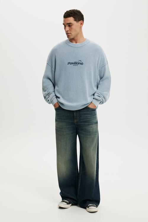 Washed Graphic Crew Knit - Washed Blue