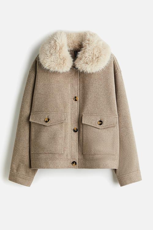 Fluffy-collar twill jacket - beige