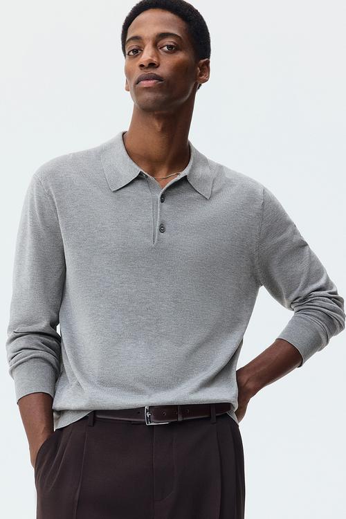 Regular fit fine-knit polo shirt - grey marl
