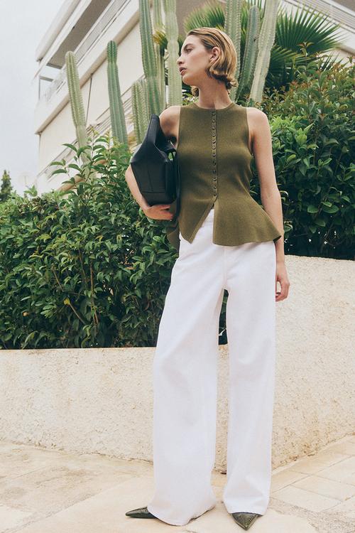 Rib-knit peplum waistcoat - dark khaki green