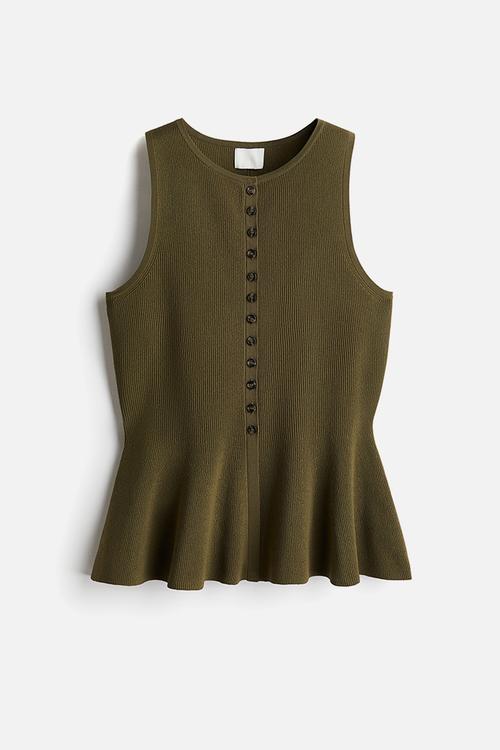 Rib-knit peplum waistcoat - dark khaki green