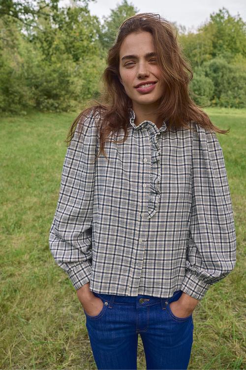 Frill-collared cotton blouse - cream/checked