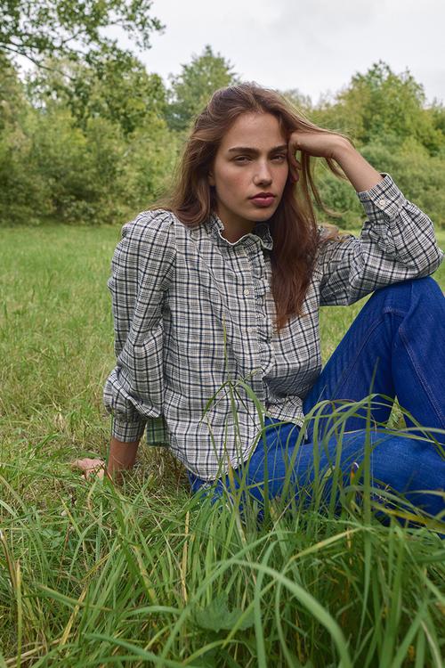 Frill-collared cotton blouse - cream/checked