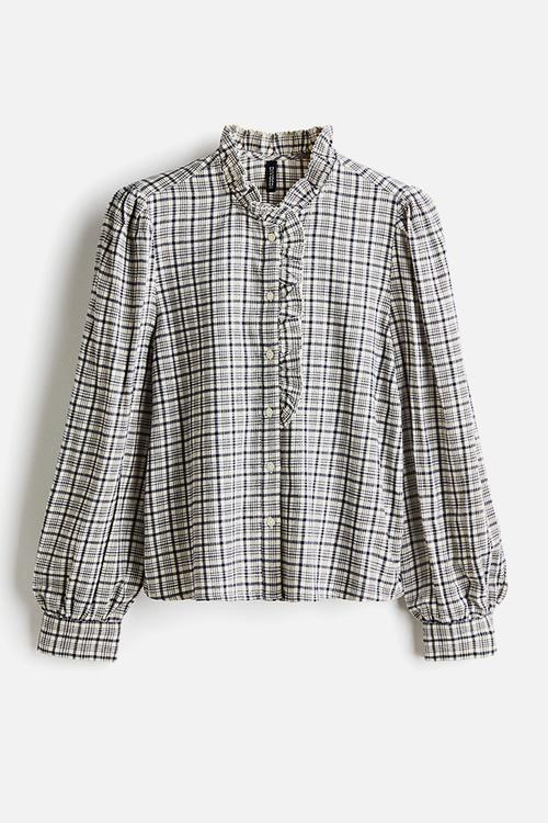 Frill-collared cotton blouse - cream/checked