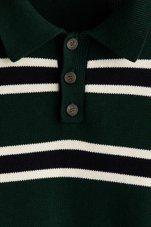 Loose fit knitted polo shirt - dark green/striped