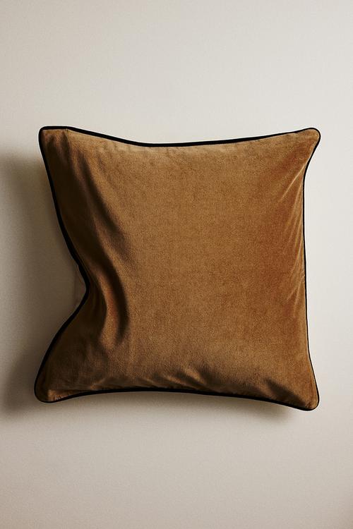 Piping-detail velvet cushion cover - light beige/brown