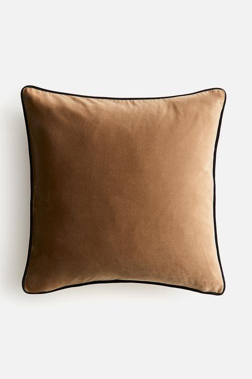 Piping-detail velvet cushion cover - light beige/brown