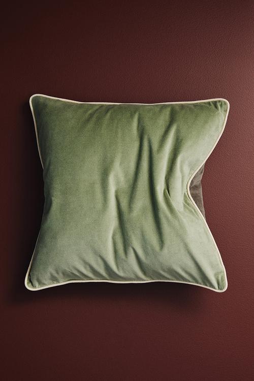 Piping-detail velvet cushion cover - light green/greige
