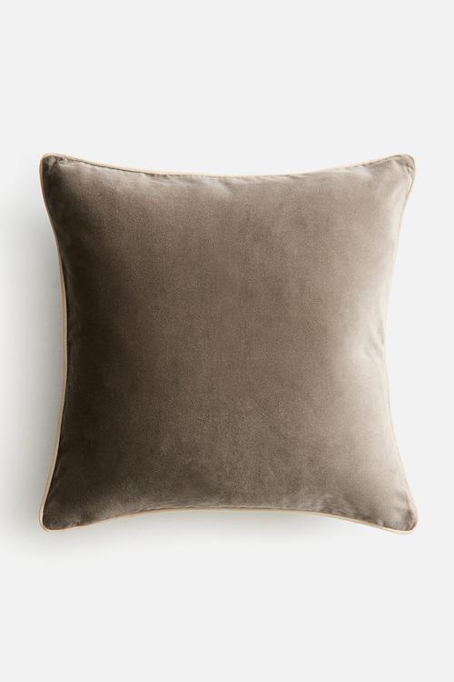 Piping-detail velvet cushion cover - light green/greige