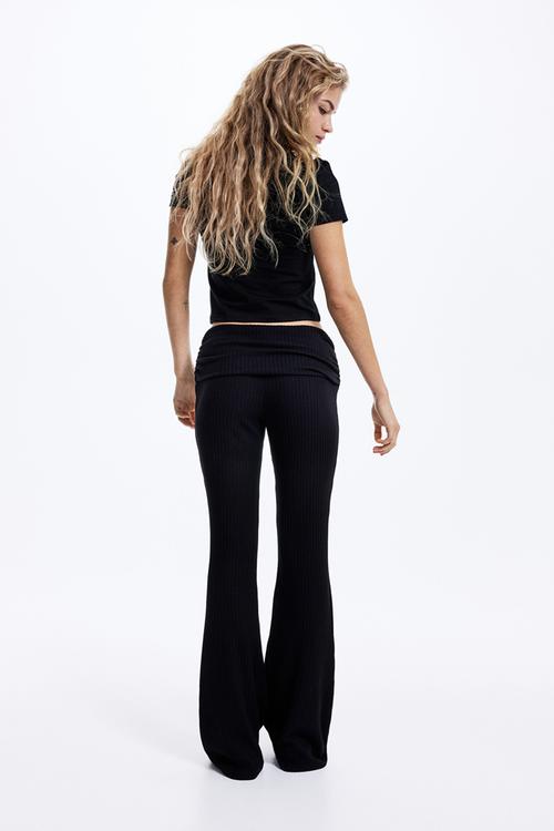 Rib-knit foldover-waist leggings - black