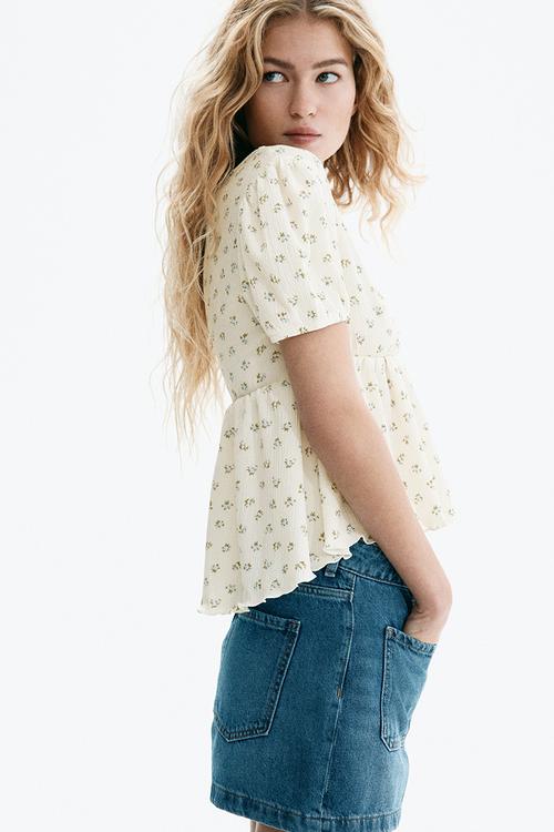 Crinkled jersey top - cream/floral