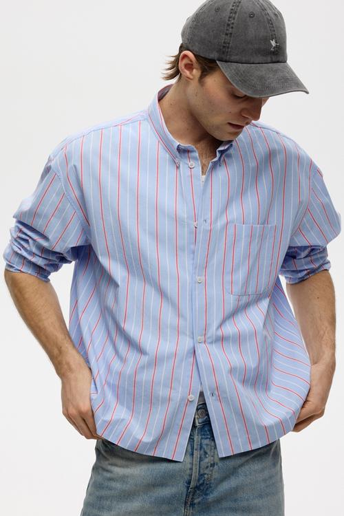 Relaxed fit cotton shirt - light blue/striped