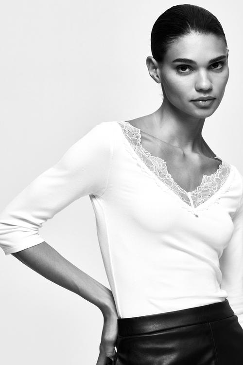 Lace-trimmed rib-knit top - cream