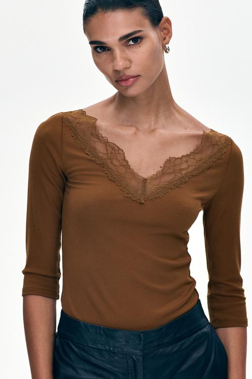Lace-trimmed rib-knit top - brown