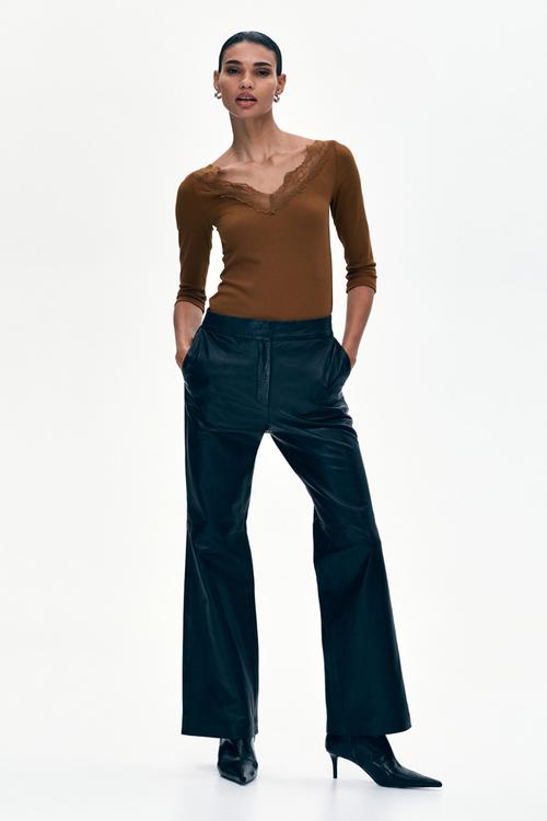 Lace-trimmed rib-knit top - brown