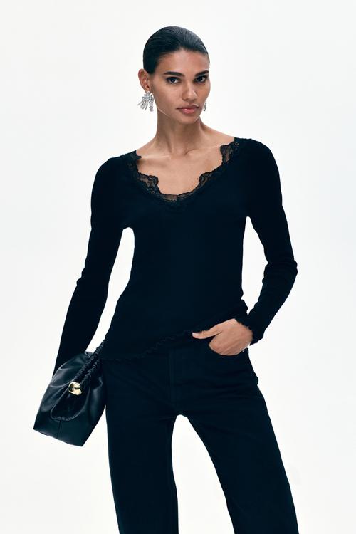 Lace-trimmed rib-knit top - black