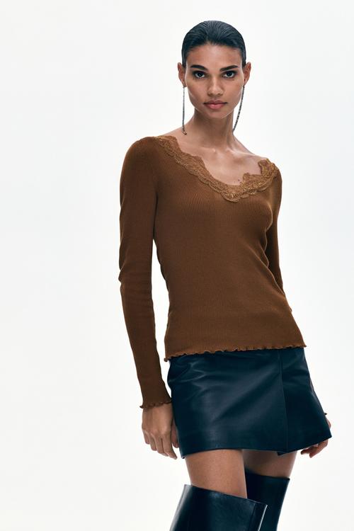 Lace-trimmed rib-knit top - brown