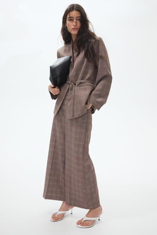 Straight tailored trousers - dark beige/checked