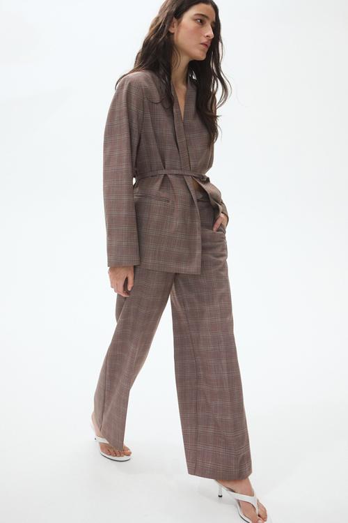 Straight tailored trousers - dark beige/checked
