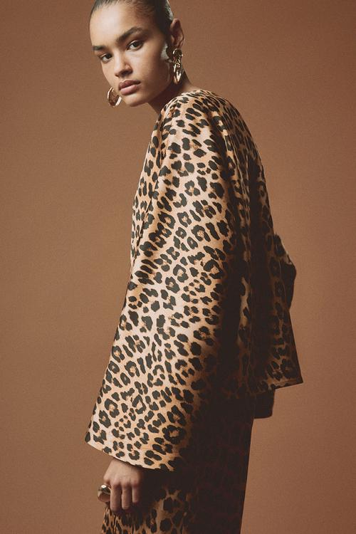 Loose-fit blouse - dark beige/leopard print