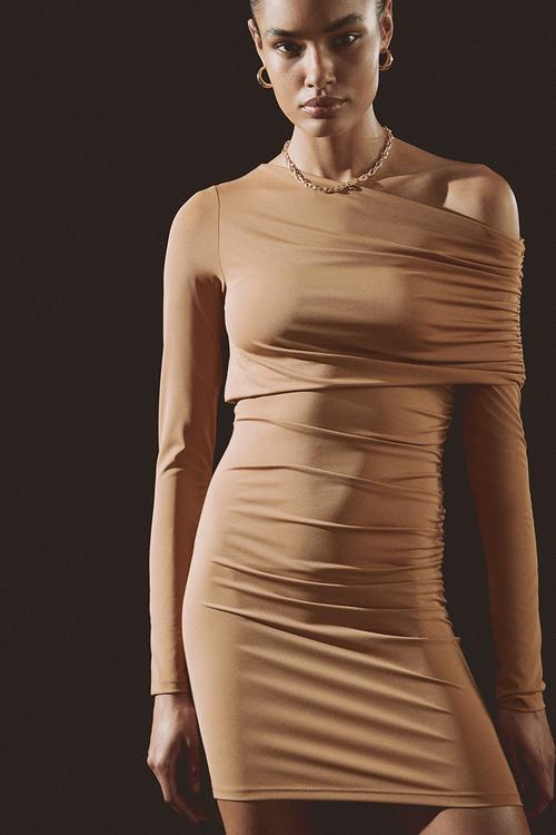 Draped one-shoulder dress - dark beige