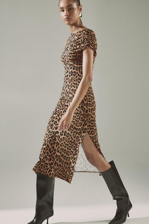 One-shoulder jersey dress - dark beige/leopard print