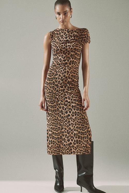 One-shoulder jersey dress - dark beige/leopard print