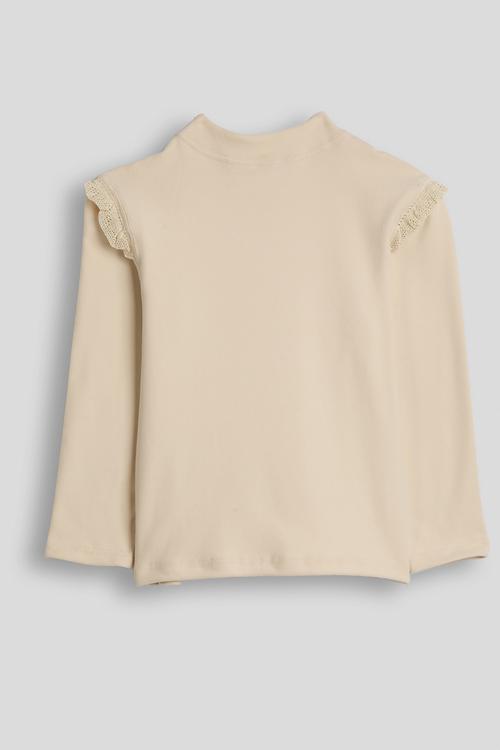 Crochet ruffle top with embroidered bow - beige